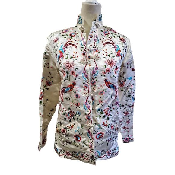 Vintage 1960s Chinese Silk Embroidered Bird Jacket Frog Closures EU 36 US 4